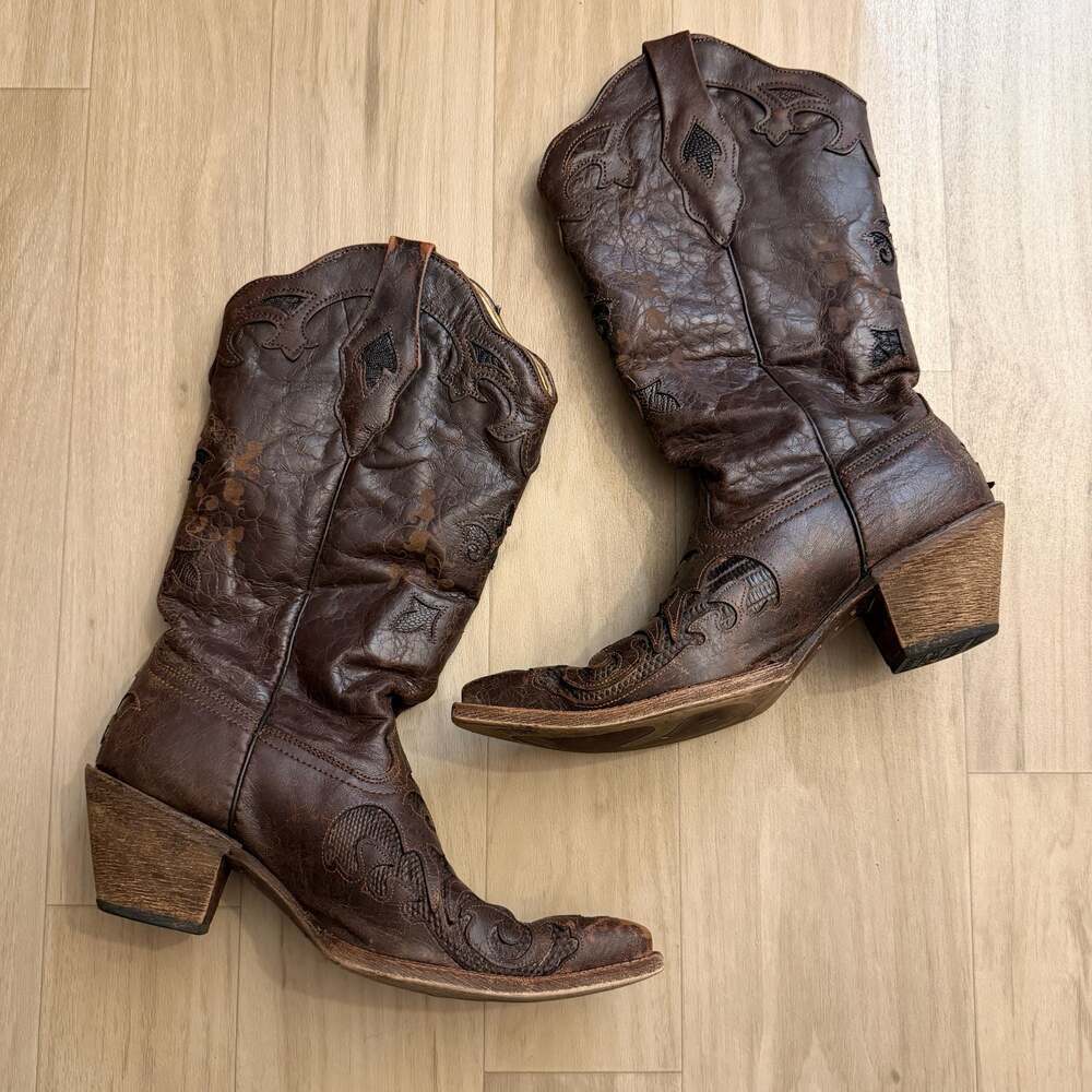 Corral Vintage Lizard Inlay Snip Toe Cowgirl Boots Brown Leather Size 9M